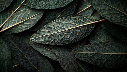 Obraz premium Close-up of dark green sage leaves, intricate textures and details visible, overlapping layers creating a natural pattern. Ideal for nature, botanical, or wellness designs.