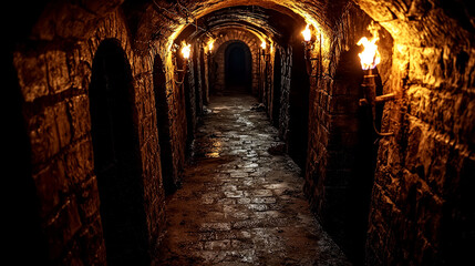 Fototapeta premium Mysterious Dark Stone Corridor: An Eerie Journey into a Gothic Underground World