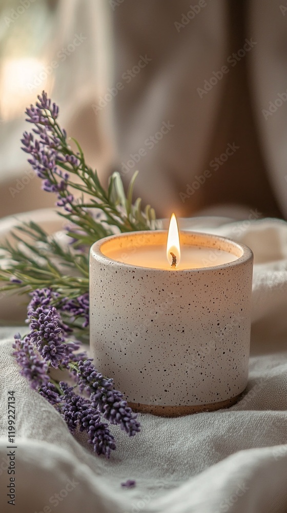 Poster a serene flat-lay displays a softly glowing candle surrounded by lavender sprigs on a draped, light 