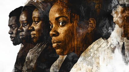 Portraits of diverse individuals showcasing expressions of contemplation against an abstract backdrop