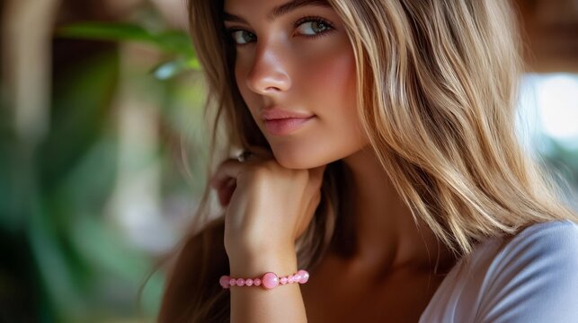 Blonde influencer posing with pink bracelet and hand on chin