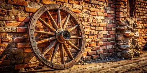 Obraz premium Rustic Wooden Wheel on Old Brick Wall - Product Photography