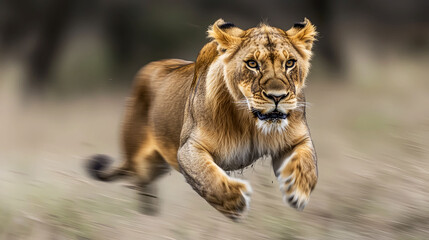 Obraz premium Majestic Lioness in Motion: A Stunning Wildlife Capture
