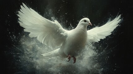 White dove in flight, wings spread, dust explosion.