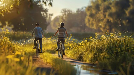 Fototapeta premium Two young men are biking on a dirt path next to a lake, at sunset.