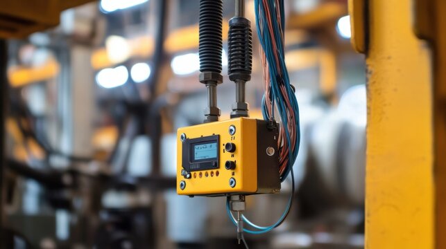 A closeup of a data collection device attached to industrial equipment with wires and sensors recording vibrations and temperature changes designed for predictive maintenance analysis