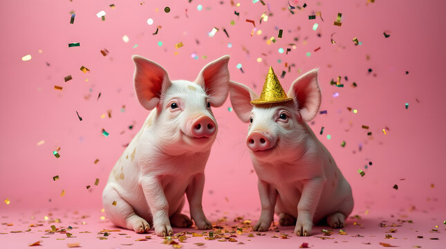 Duo de cochons sous une pluie de confettis avec un chapeau de f&ecirc;te 