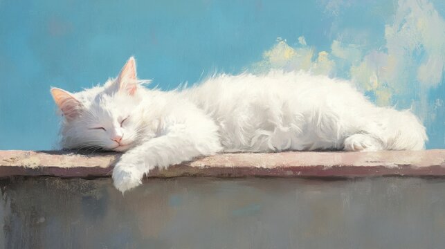 A white cat s furry tail rests on a marble surface basking in the warm rays of sunlight in the background The composition is perfect for a copy space
