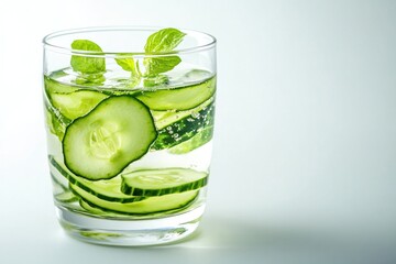 Refreshing drink with cucumber slices and mint leaves, evoking s