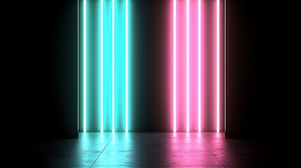 A dark room illuminated by vibrant neon lights in shades of pink, blue, and green, creating a mesmerizing glow