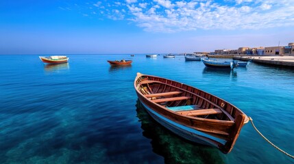 Fototapeta premium Tranquil Harbor Serenity: Wooden Boat in a Picturesque Coastal Town