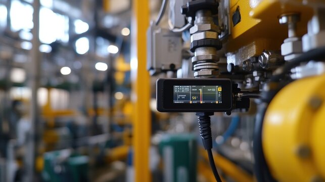 A closeup of a data logger plugged into a piece of factory equipment with information being wirelessly transmitted in realtime over a 5G network demonstrating seamless integration of