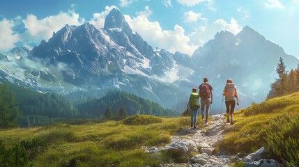 Obraz premium A family of four hikes through a beautiful mountain valley.