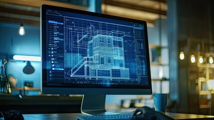 Naklejka premium A computer screen displaying a complex architectural blueprint in CAD.