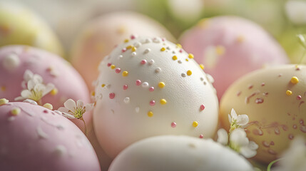 Obraz premium Collection of Easter eggs decorated with sprinkles and spring flowers close-up