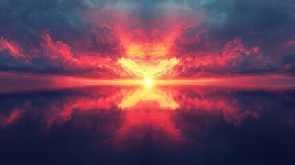 Fototapeta premium A beautiful fiery sunset is reflected in the calm water.