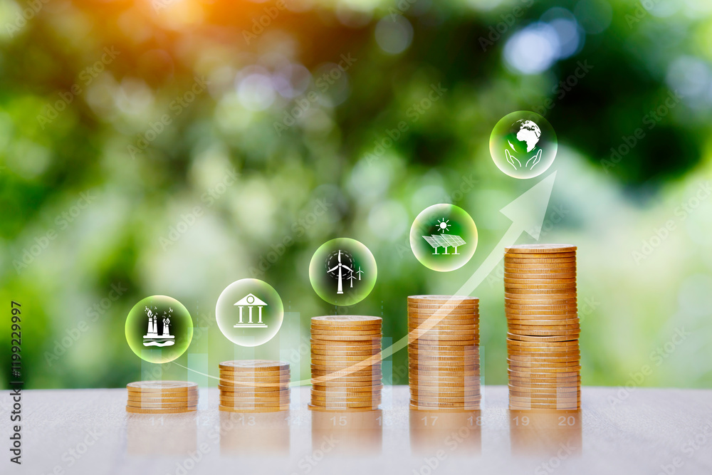 Wall mural gold coin is placed as a graph showing of Investing in the environment, society, governance, Invest ESG in the industrial. ecology green energy renewable concept. green nature background.