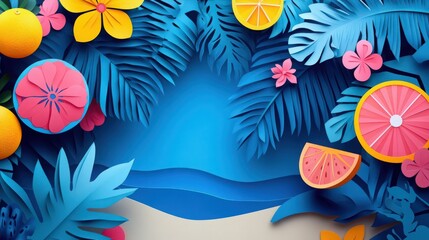 Fototapeta premium Tropical paper cut art with blue palms, flowers, and citrus fruits for summer design
