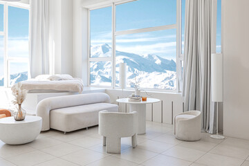 modern pure white interior design of a spacious room features a cozy bed and stylish furniture. Large windows frame a stunning snowy mountain landscape, creating a serene atmosphere during daylight.