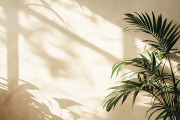 Serene plant shadow play minimalist interior nature focus light beige canvas calm atmosphere artistic perspective