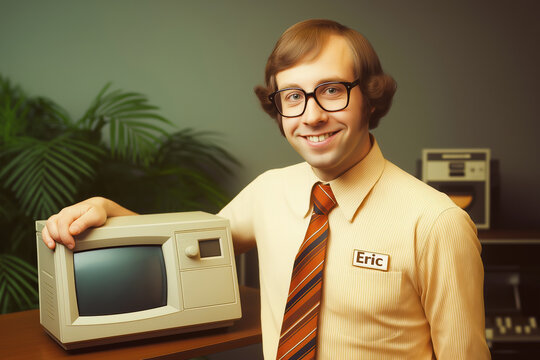 Retro Office Scene Featuring Smiling Employee with Vintage Computer and Iconic 1970s Professional Attire and Technology