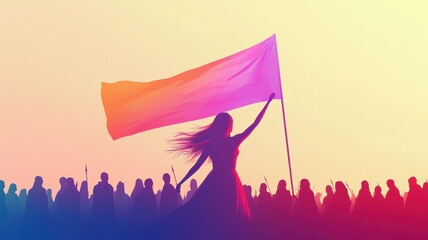 Fototapeta premium Leadership and empowerment, woman with flag in front of supportive crowd. Women's Day