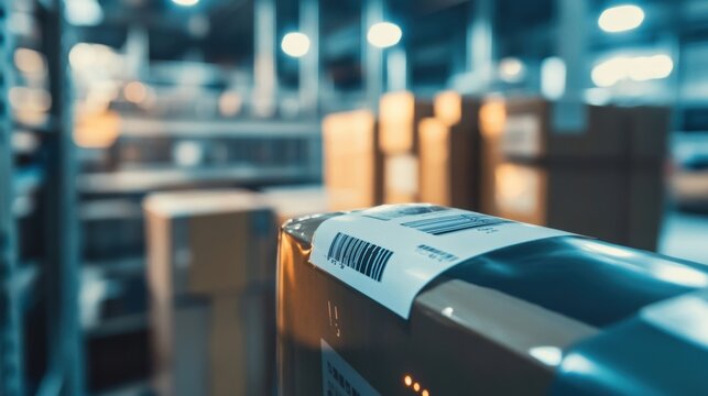 Macro shot of a smart label on a product enabled with IoT technology showing metadata being transmitted to a remote server highlighting the integration capability of 5G in manufacturing - Powered by Adobe