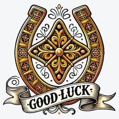 Golden horseshoe with quatrefoil and ribbon with inscription GOOD LUCK. Symbol happiness and talisman of luck stock illustration