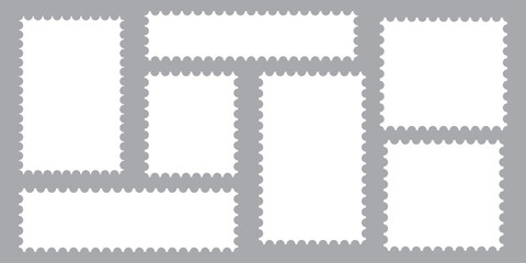 Postage stamp set. Post stamp frames and borders. Beige round and rectangular template for mail, postcard, letter. Jagged wavy edge forms. Vintage objects for poster, banner, badge, sticker. Vector