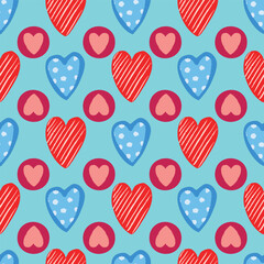 Red and blue hearts seamless vector pattern background