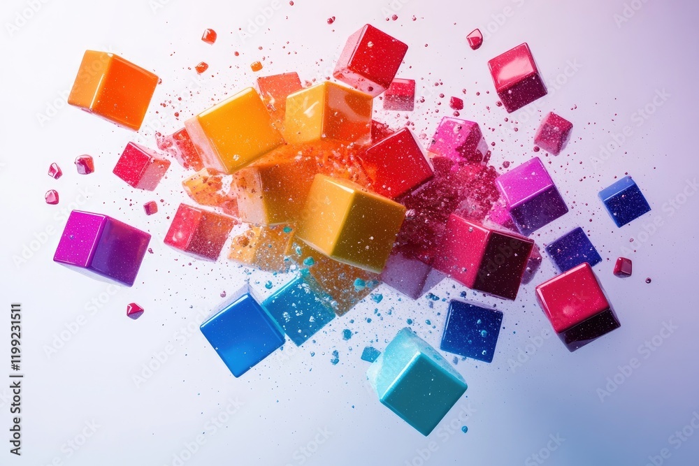 Aufkleber Colorful cubes exploding and creating particles in the air