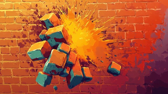 Abstract Brick Wall Explosion Orange Cubes