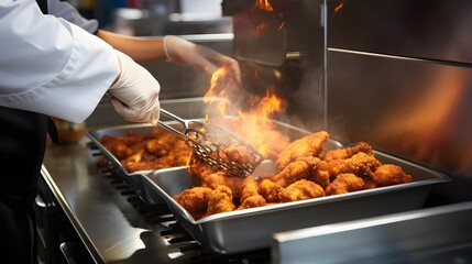 A skilled professional chef expertly preparing a batch of flavorful fried chicken in a busy commercial kitchen showcasing their culinary expertise and the process of creating a mouthwatering dish