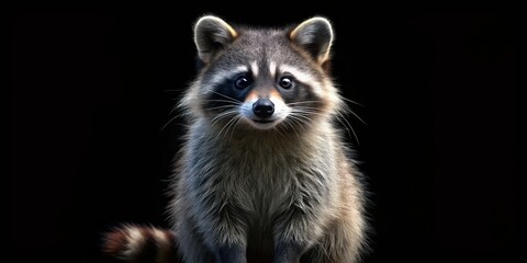 Obraz premium Charming raccoon, nocturnal portrait, isolated on dark background. A captivating wildlife image.