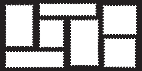 Postage stamp set. Post stamp frames and borders. Beige round and rectangular template for mail, postcard, letter. Jagged wavy edge forms. Vintage objects for poster, banner, badge, sticker. Vector