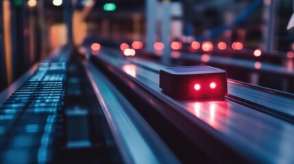 Fototapeta premium Closeup of a sensor connected to a conveyor belt with blinking lights indicating connectivity status emphasizing the importance of 5G for immediate data transmission and alerts about