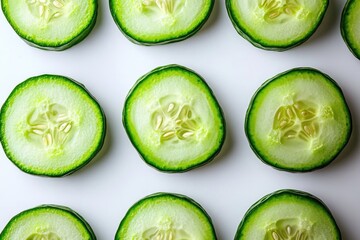 Fresh cucumber slices arranged neatly, showcasing vibrant green