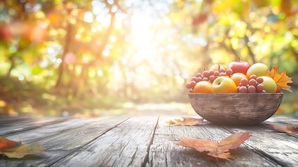 A rustic fruit bowl filled with apples, oranges, and grapes, set on a weathered wooden table with a blurred forest backdrop