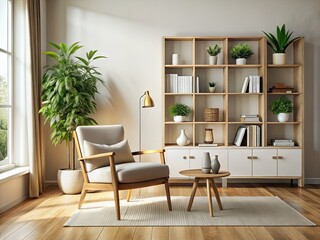 Cozy armchair and wooden cabinet define this minimalist living room's warm, book-lined interior.