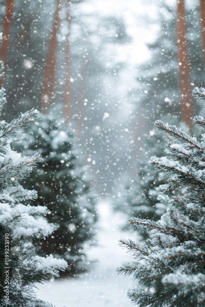 Aufkleber snow falling on pine trees in winter forest creating magical atmosphere
