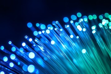 Close-up of Fiber Optic Cables with Blue Light, High-Speed Data Transfer Concept