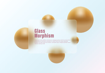 Abstract background in glass morphism style, transparent partition of transparent material with golden spheres on light background.