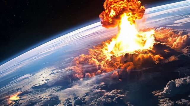 A catastrophic nuclear explosion viewed from space, with a massive fireball and mushroom cloud erupting over Earth's surface.