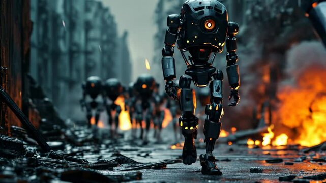 army of Robots Advancing Through Post-Apocalyptic City