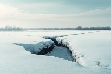 Naklejka premium Frozen Creek Cuts Through Snowy Winter Field