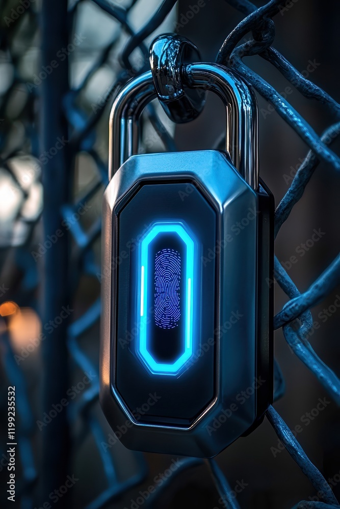 Wall mural digital padlock attached to chain-link fence with glowing blue fingerprint scanner on front, symboli