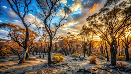Naklejka premium Dramatic Royal National Park wildfire; blazing flames consume Palm Beach, NSW, Australia. Stock photography.