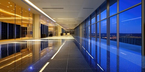 Obraz premium Empty Contemporary Office Interior: Glossy Elegance with Floor-to-Ceiling Window Views
