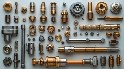 Assorted metallic machine parts arranged neatly.