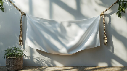 Soft fabric drapes elegantly against a wall, creating a serene atmosphere in a sunlit room